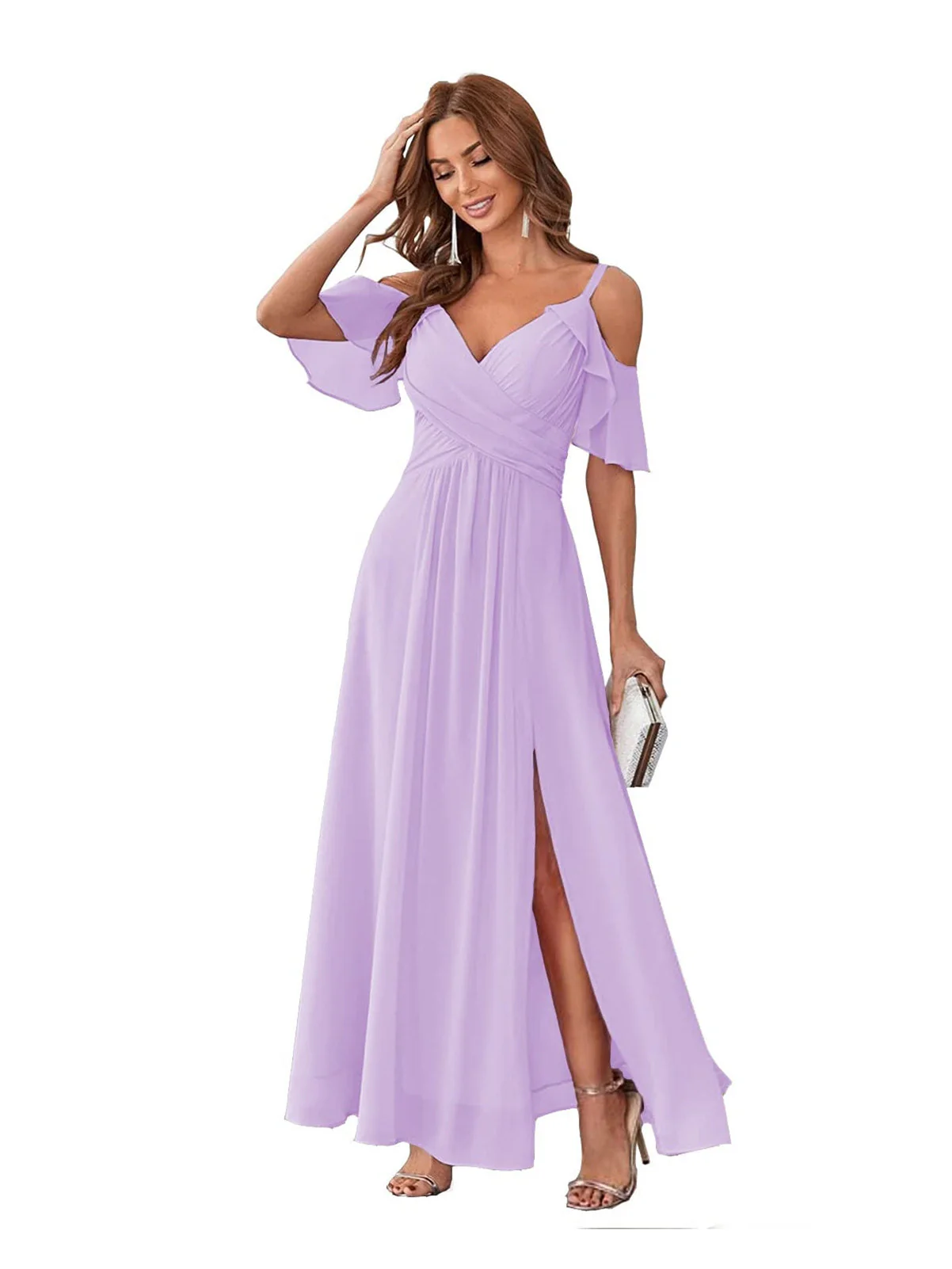 A-Line/Princess  V Neck Short Sleeve Spaghetti Straps Ankle  Length Bridesmaid Dresses  Chiffon with Ruffles Bow(s) - Image 21
