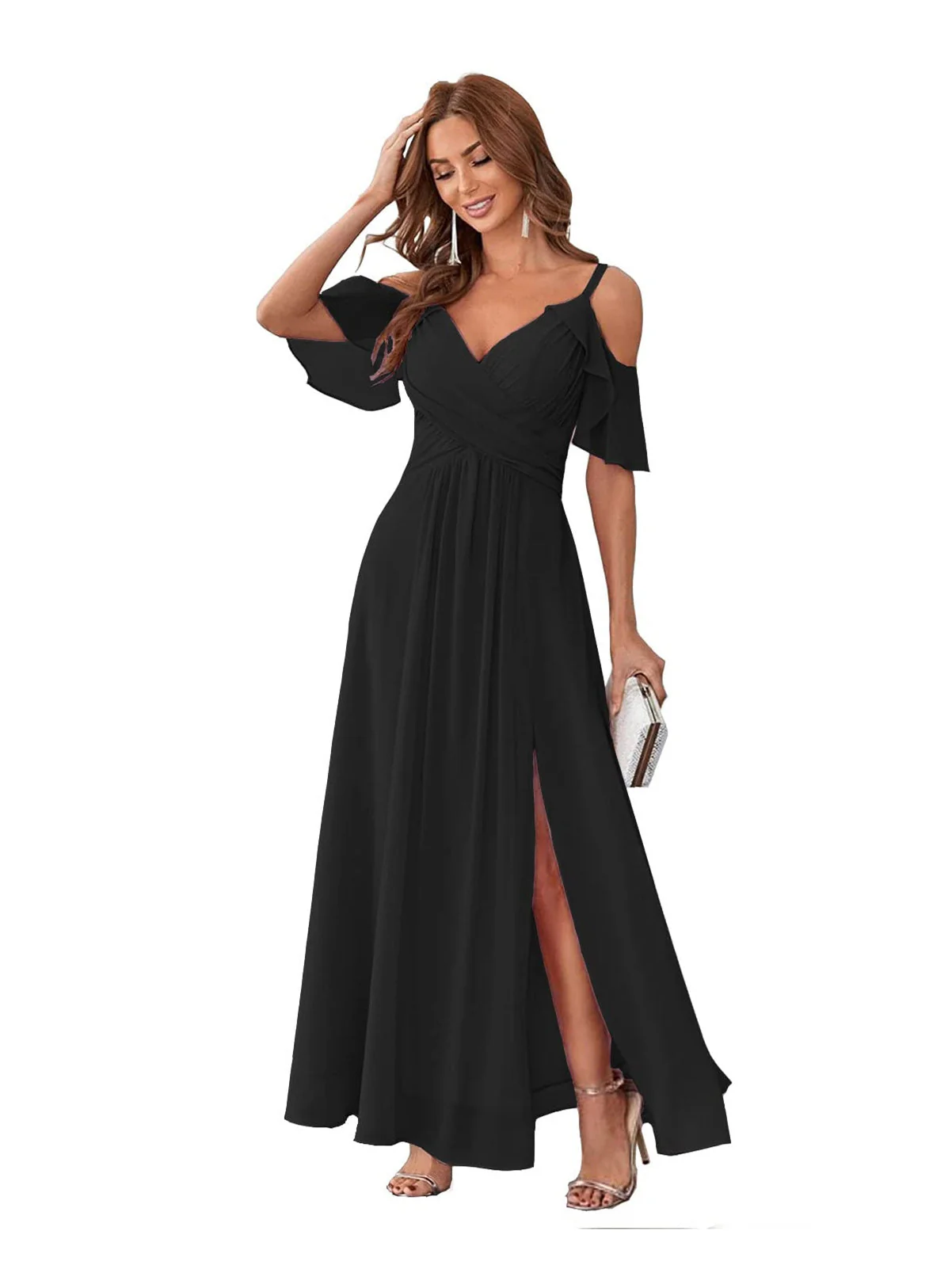 A-Line/Princess  V Neck Short Sleeve Spaghetti Straps Ankle  Length Bridesmaid Dresses  Chiffon with Ruffles Bow(s) - Image 29