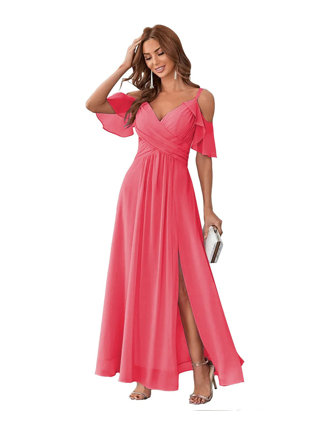 A-Line/Princess  V Neck Short Sleeve Spaghetti Straps Ankle  Length Bridesmaid Dresses  Chiffon with Ruffles Bow(s) - Image 38