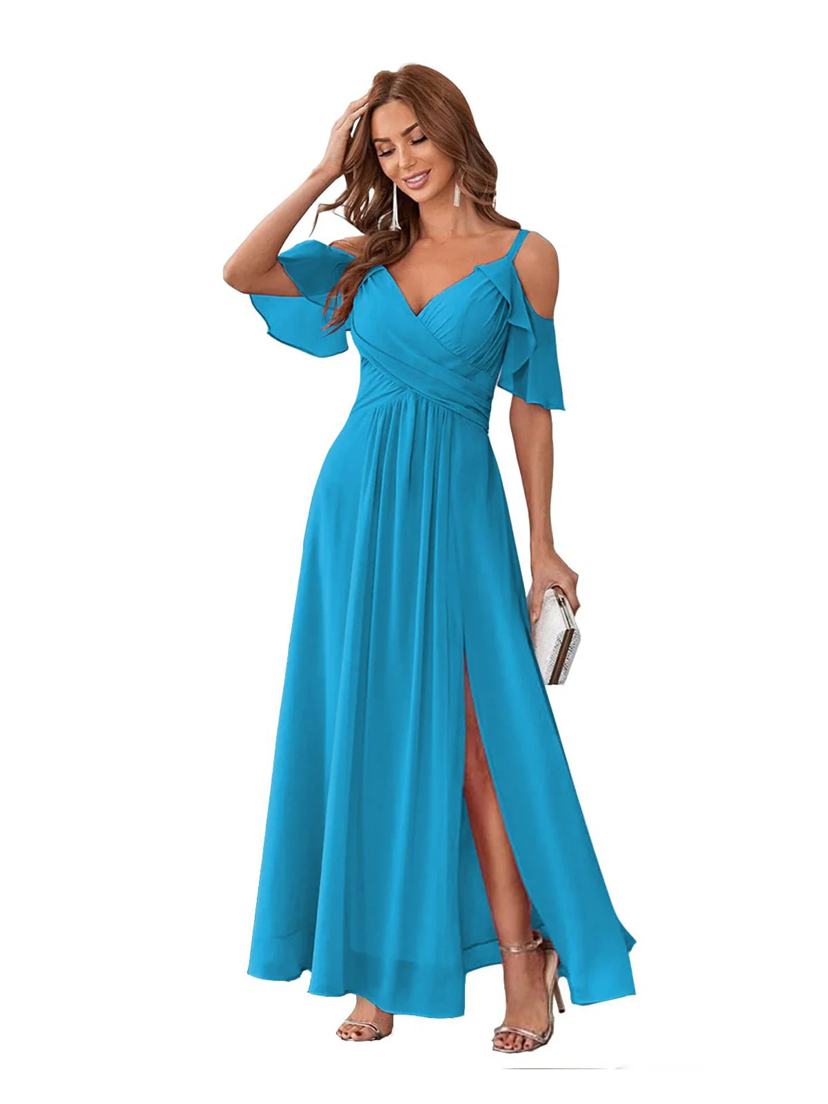 A-Line/Princess  V Neck Short Sleeve Spaghetti Straps Ankle  Length Bridesmaid Dresses  Chiffon with Ruffles Bow(s) - Image 39