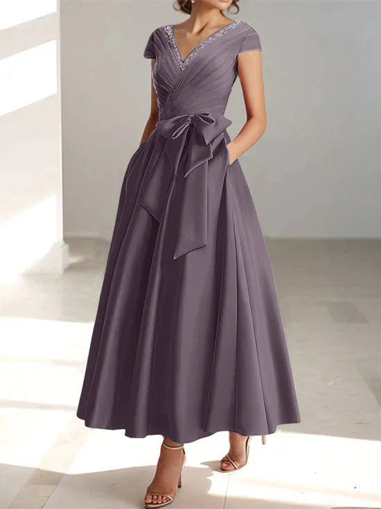 A-Line/Princess V-Neck Short Sleeves Ankle-Length Mother of the Bride Dresses With Pockets & Ruffles - Image 26
