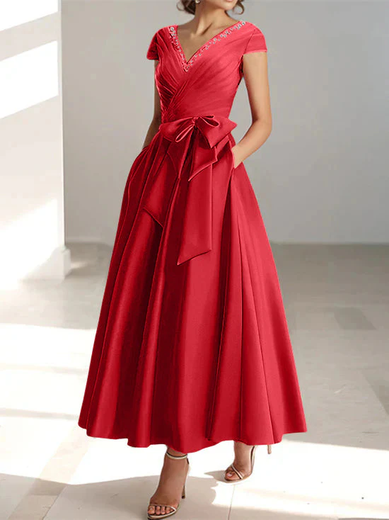 A-Line/Princess V-Neck Short Sleeves Ankle-Length Mother of the Bride Dresses With Pockets & Ruffles - Image 45