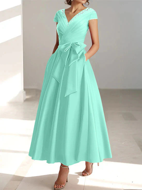 A-Line/Princess V-Neck Short Sleeves Ankle-Length Mother of the Bride Dresses With Pockets & Ruffles - Image 49