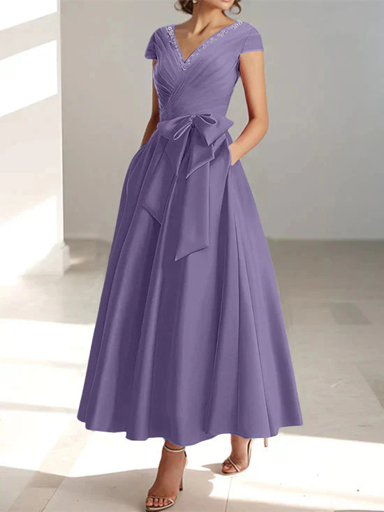 A-Line/Princess V-Neck Short Sleeves Ankle-Length Mother of the Bride Dresses With Pockets & Ruffles - Image 51