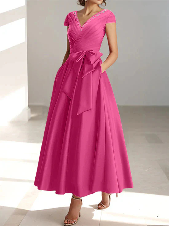 A-Line/Princess V-Neck Short Sleeves Ankle-Length Mother of the Bride Dresses With Pockets & Ruffles - Image 7