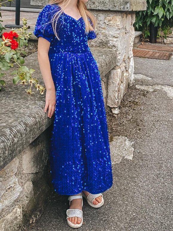 A-Line/Princess V-Neck Short Sleeves Ankle-Length Pleated Birthday Girl Dresses with Sequins & Bow Self-tie - Image 2