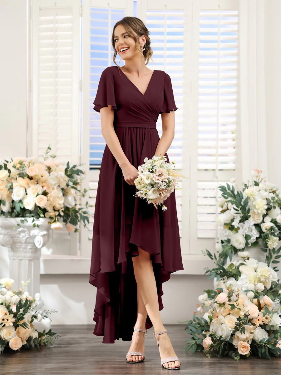 A-Line/Princess V-Neck Short Sleeves Asymmetrical Chiffon Bridesmaid Dresses with Ruched - Image 13