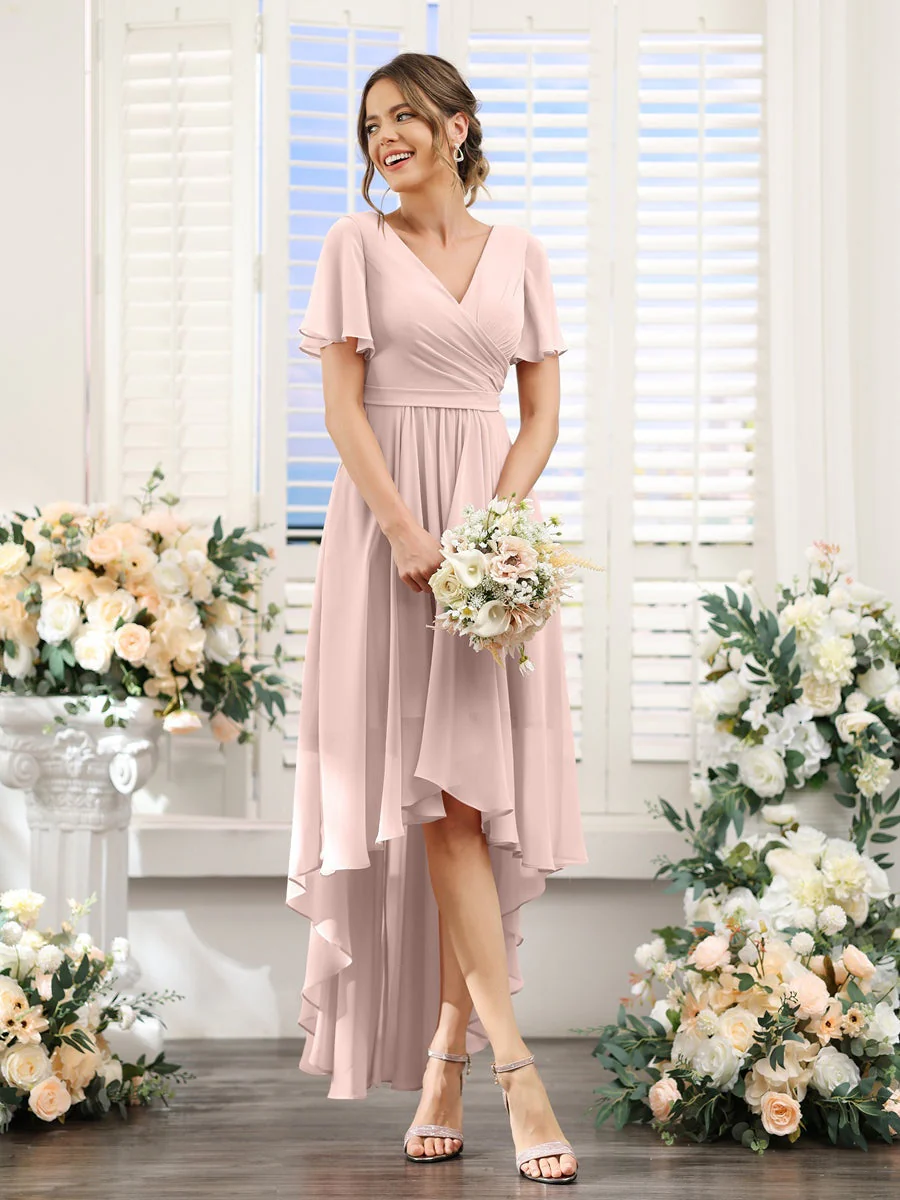 A-Line/Princess V-Neck Short Sleeves Asymmetrical Chiffon Bridesmaid Dresses with Ruched - Image 27