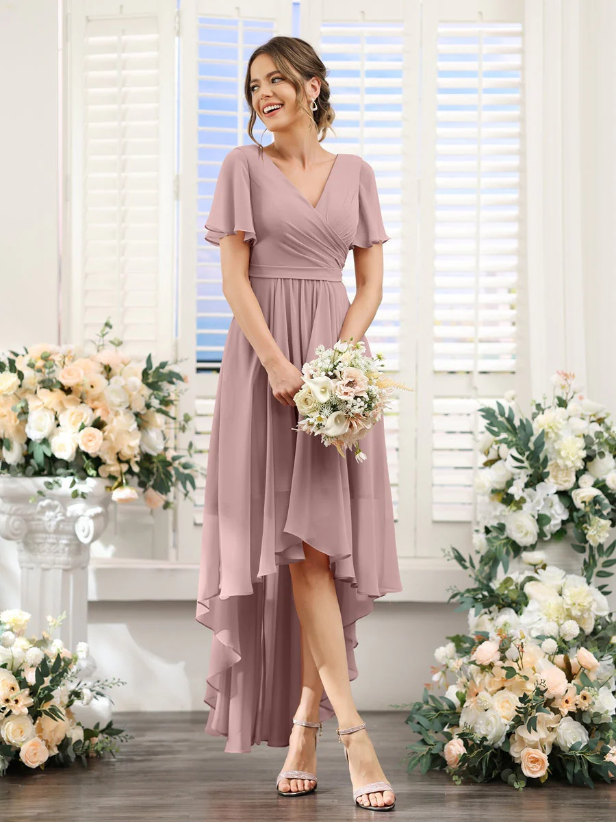 A-Line/Princess V-Neck Short Sleeves Asymmetrical Chiffon Bridesmaid Dresses with Ruched - Image 31