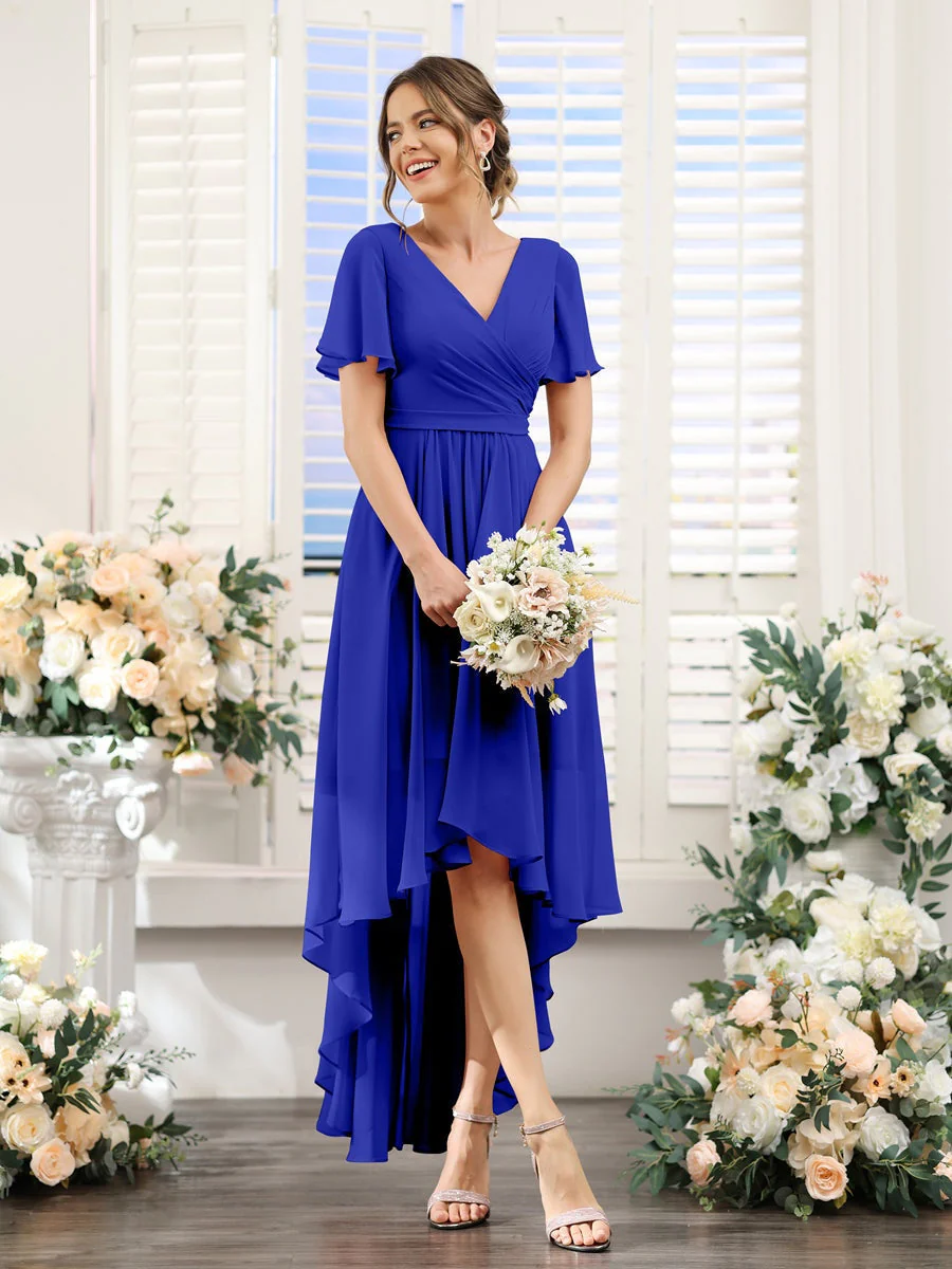 A-Line/Princess V-Neck Short Sleeves Asymmetrical Chiffon Bridesmaid Dresses with Ruched - Image 56