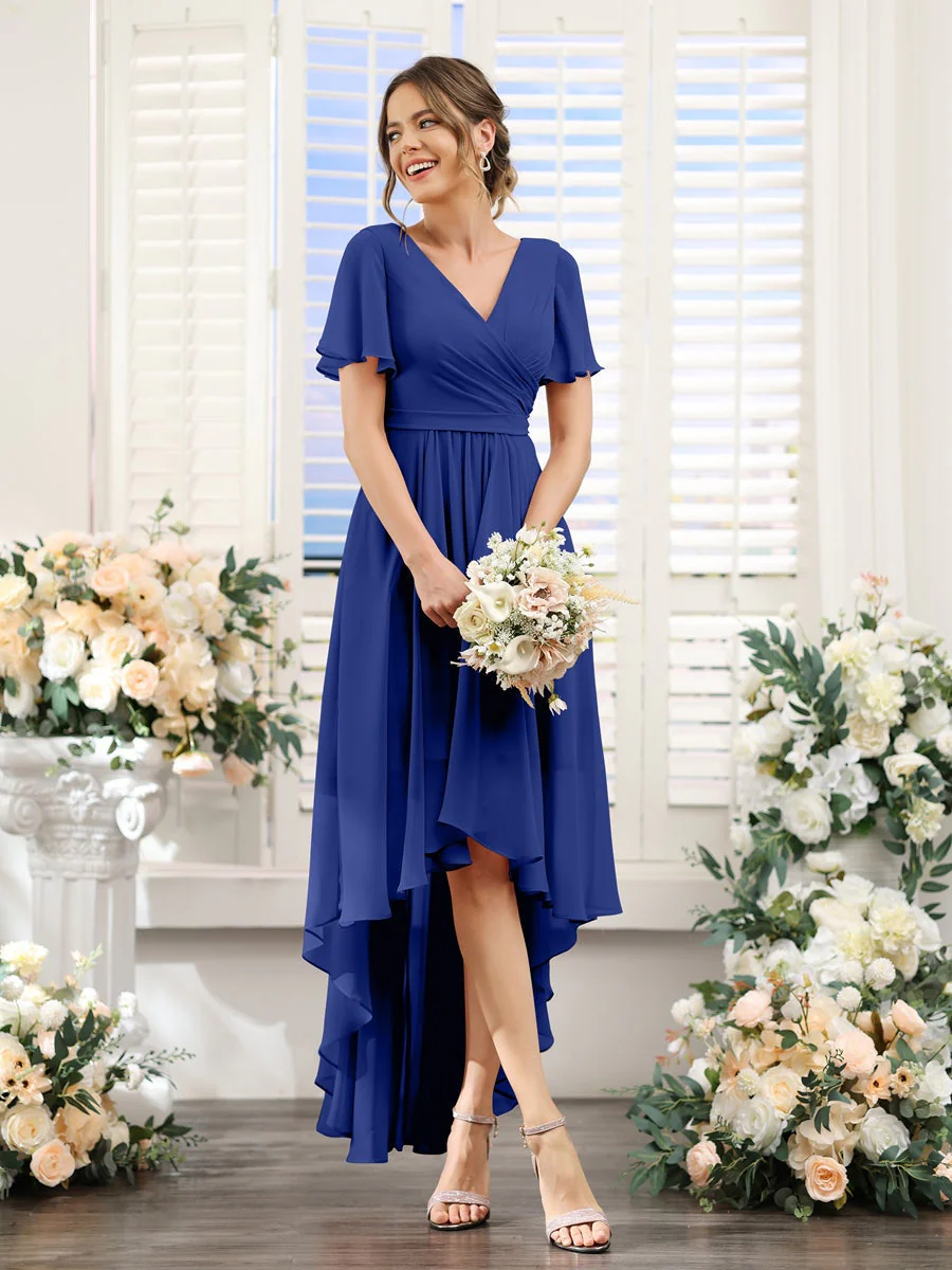 A-Line/Princess V-Neck Short Sleeves Asymmetrical Chiffon Bridesmaid Dresses with Ruched - Image 57