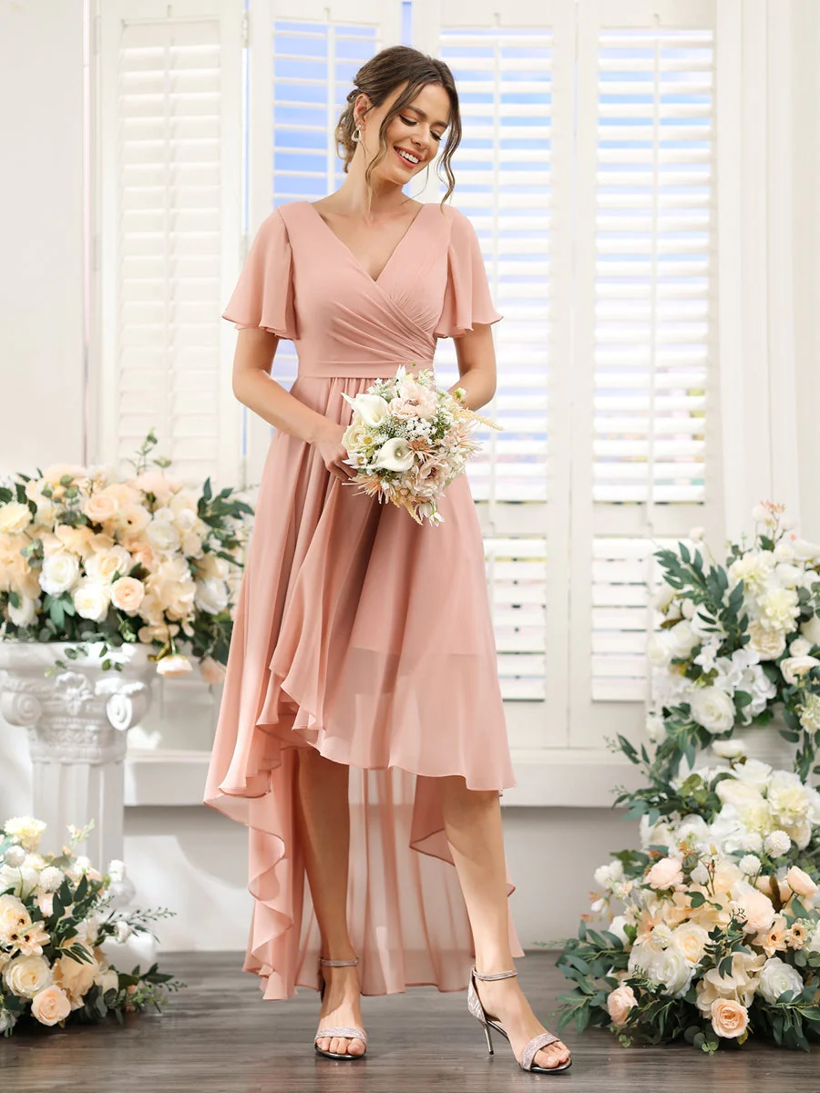 A-Line/Princess V-Neck Short Sleeves Asymmetrical Chiffon Bridesmaid Dresses with Ruched - Image 6