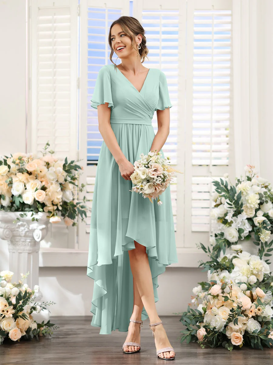 A-Line/Princess V-Neck Short Sleeves Asymmetrical Chiffon Bridesmaid Dresses with Ruched - Image 61