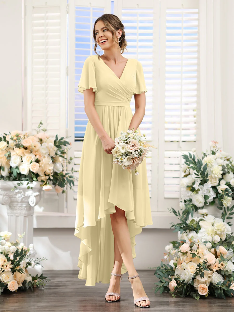 A-Line/Princess V-Neck Short Sleeves Asymmetrical Chiffon Bridesmaid Dresses with Ruched - Image 69