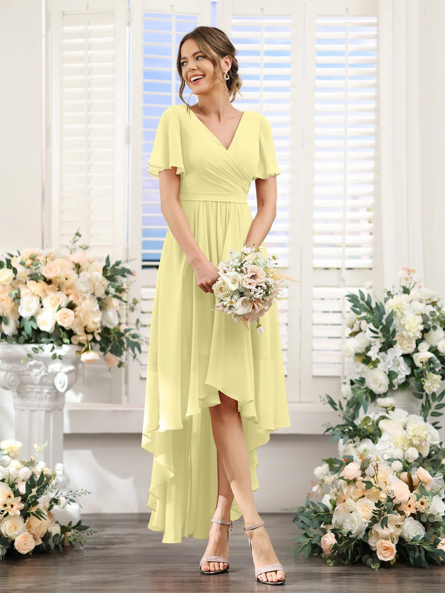 A-Line/Princess V-Neck Short Sleeves Asymmetrical Chiffon Bridesmaid Dresses with Ruched - Image 70