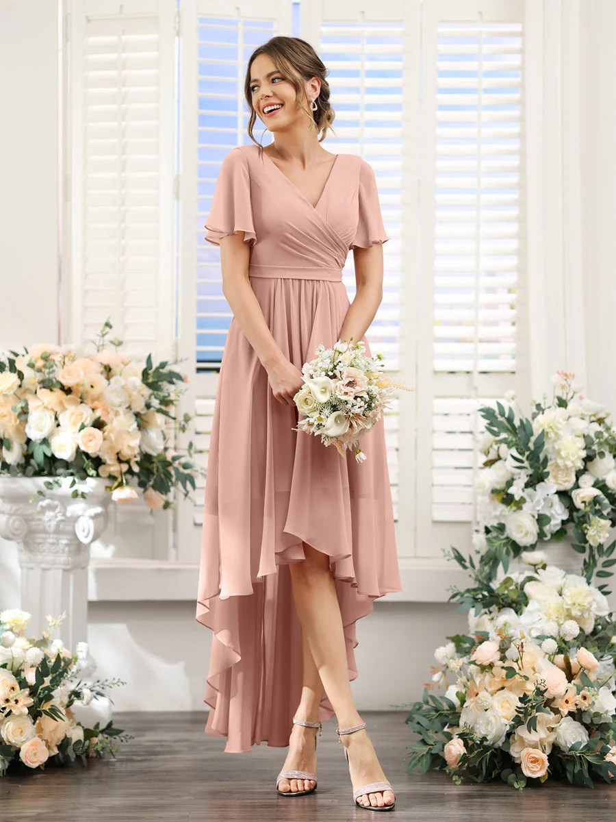 A-Line/Princess V-Neck Short Sleeves Asymmetrical Chiffon Bridesmaid Dresses with Ruched - Image 78