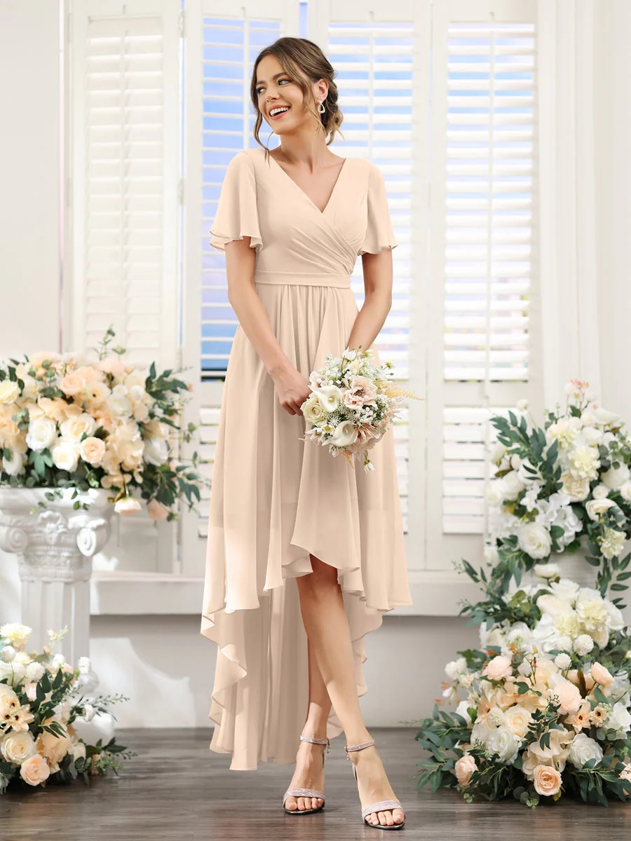 A-Line/Princess V-Neck Short Sleeves Asymmetrical Chiffon Bridesmaid Dresses with Ruched - Image 79