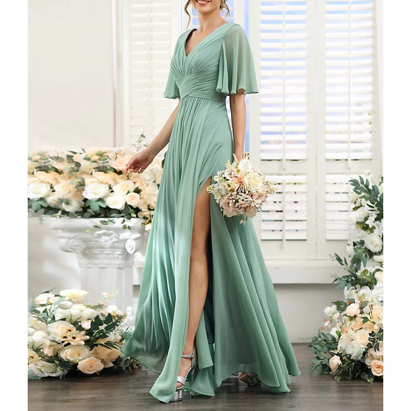 A-Line/Princess V Neck Short Sleeves Bridesmaid Dresses Wedding Guest Dresses - Image 3