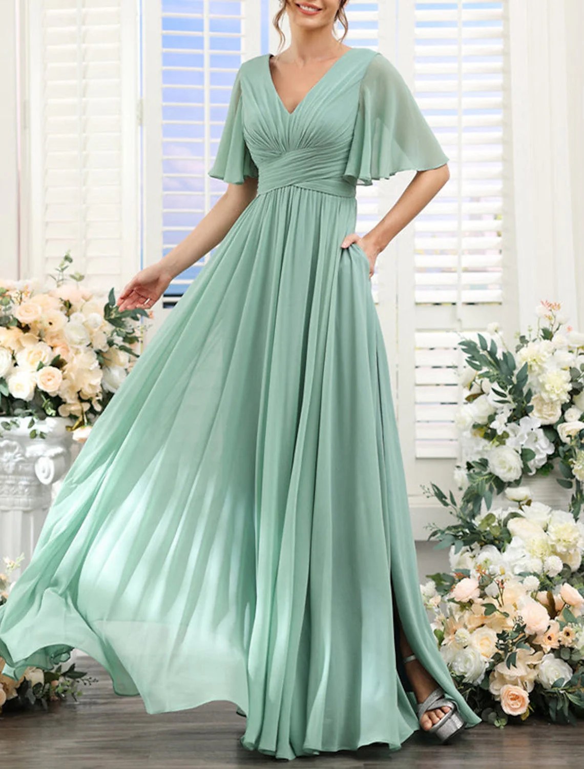 A-Line/Princess V Neck Short Sleeves Bridesmaid Dresses Wedding Guest Dresses - Image 4