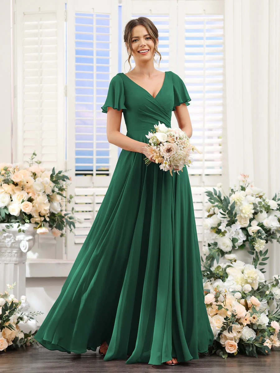 A-Line/Princess V-Neck Short Sleeves Bridesmaid Dresses with Split Side & Ruched - Image 13