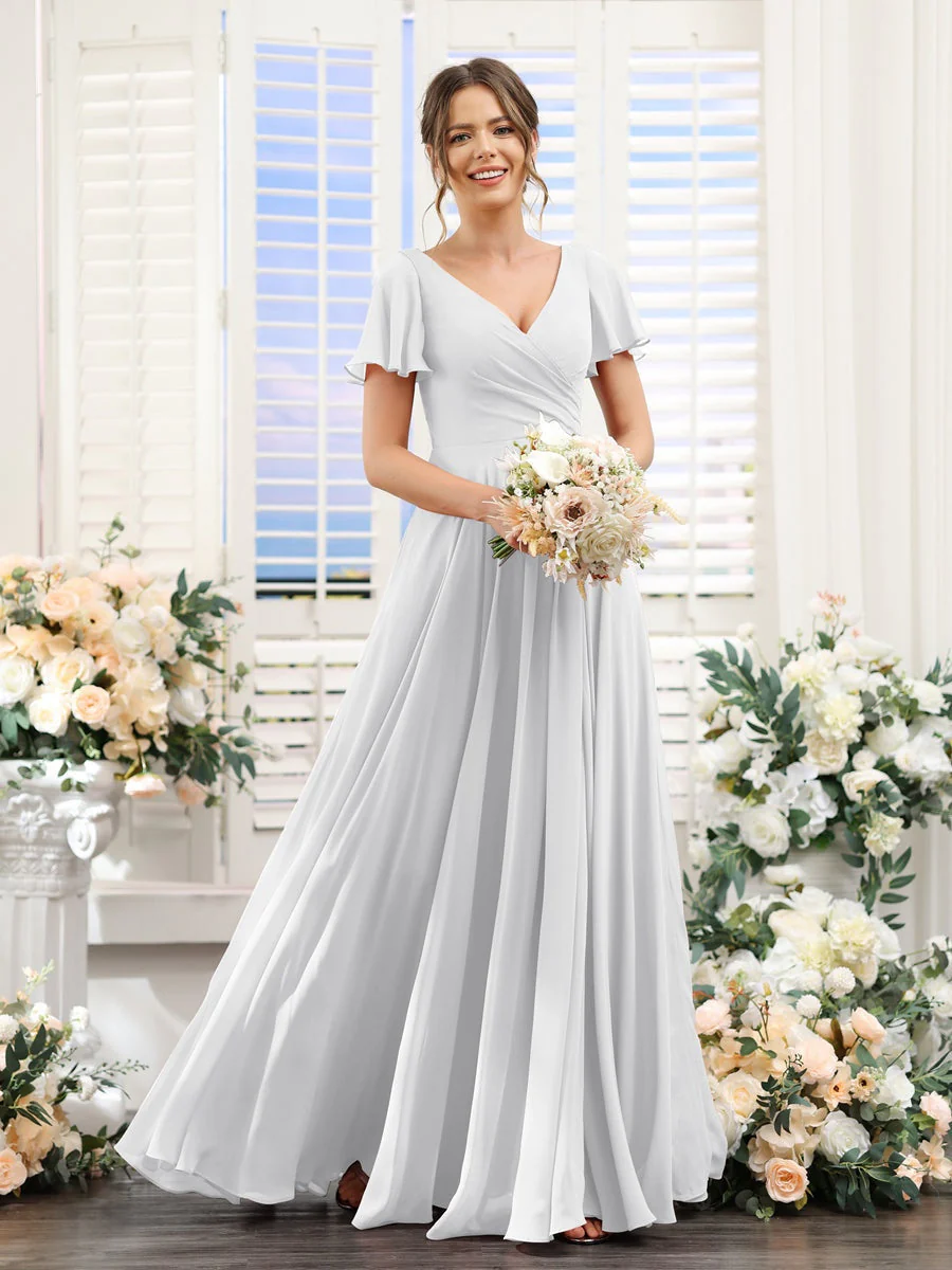 A-Line/Princess V-Neck Short Sleeves Bridesmaid Dresses with Split Side & Ruched - Image 21