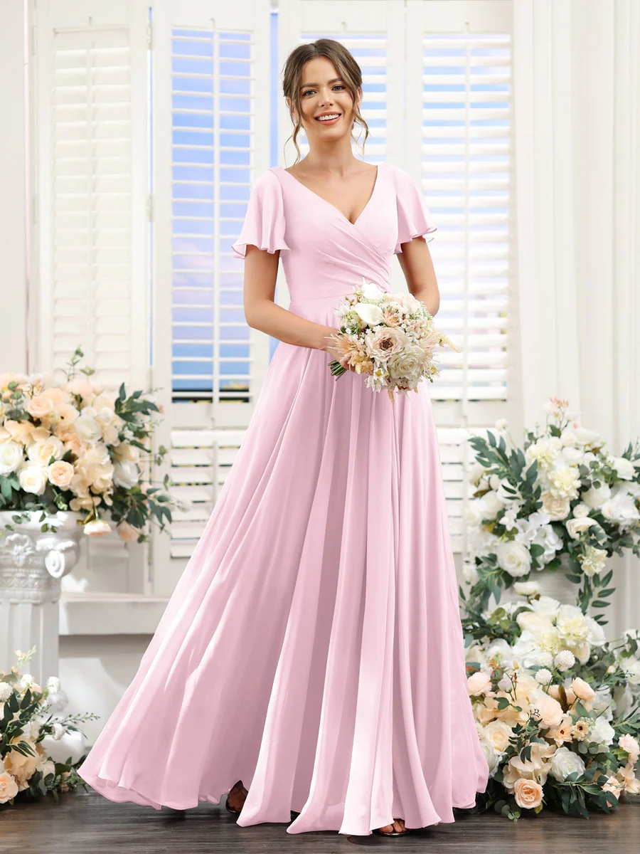 A-Line/Princess V-Neck Short Sleeves Bridesmaid Dresses with Split Side & Ruched - Image 27