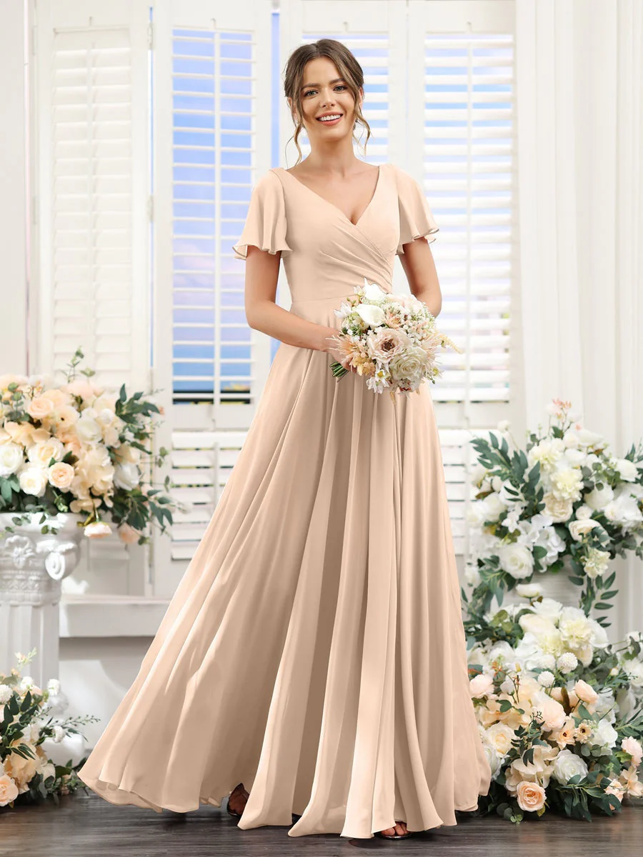 A-Line/Princess V-Neck Short Sleeves Bridesmaid Dresses with Split Side & Ruched - Image 31