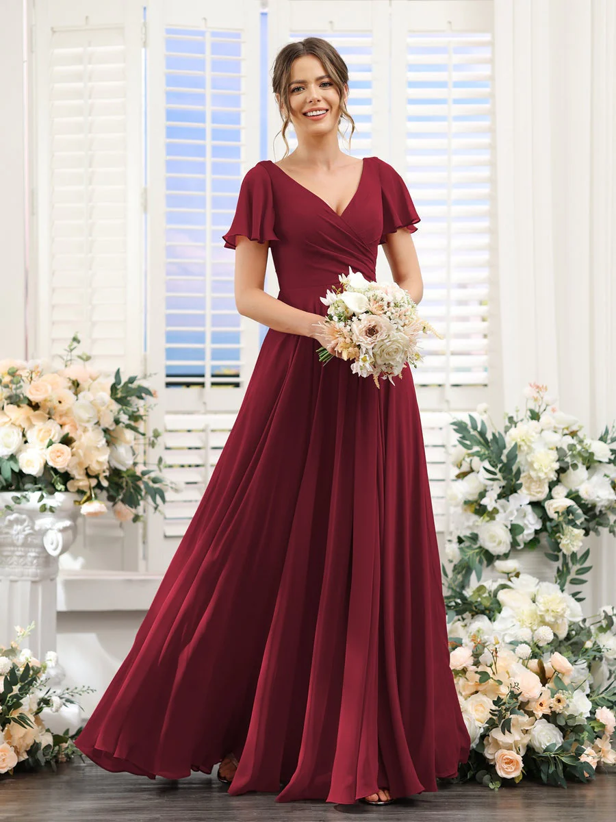 A-Line/Princess V-Neck Short Sleeves Bridesmaid Dresses with Split Side & Ruched - Image 39