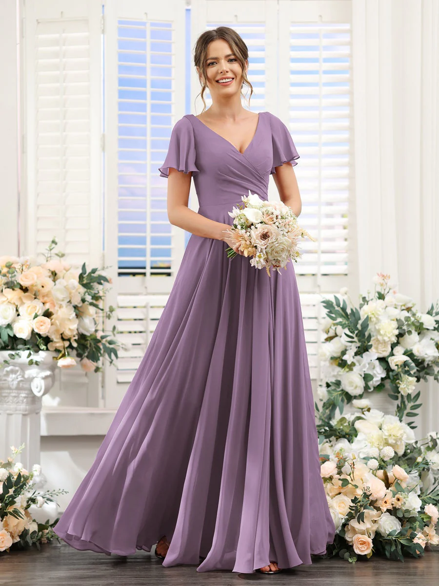 A-Line/Princess V-Neck Short Sleeves Bridesmaid Dresses with Split Side & Ruched - Image 42