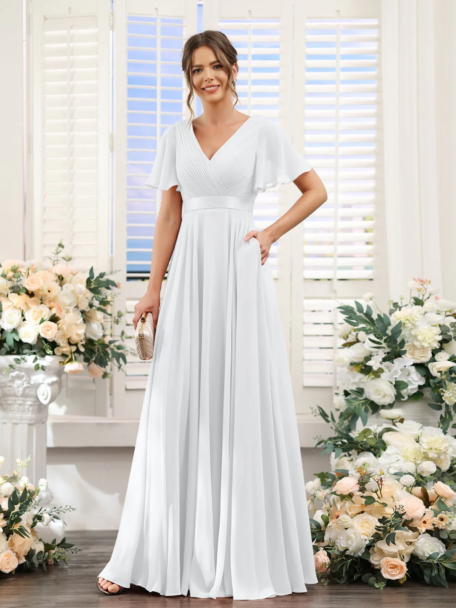A-Line/Princess V-Neck Short Sleeves Chiffon Bridesmaid Dresses with Pockets - Image 20
