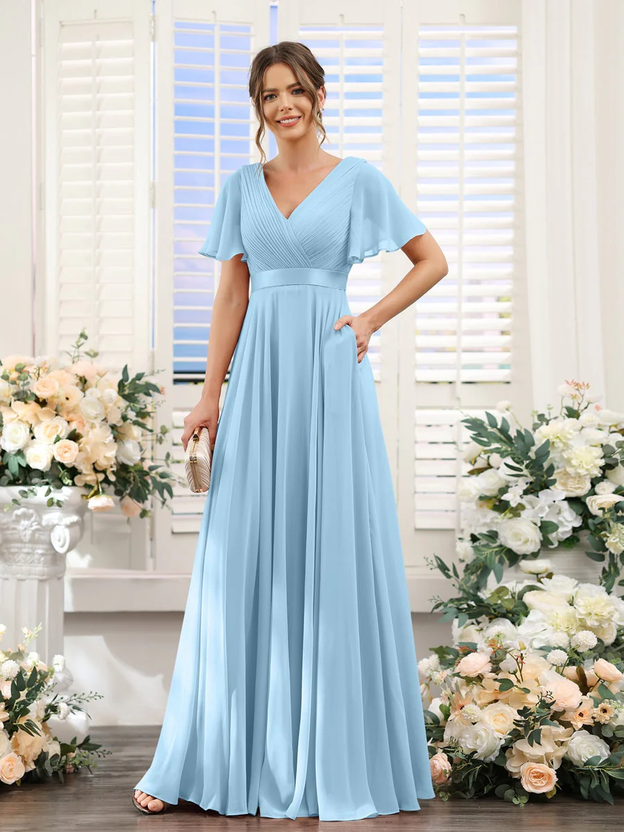 A-Line/Princess V-Neck Short Sleeves Chiffon Bridesmaid Dresses with Pockets - Image 51