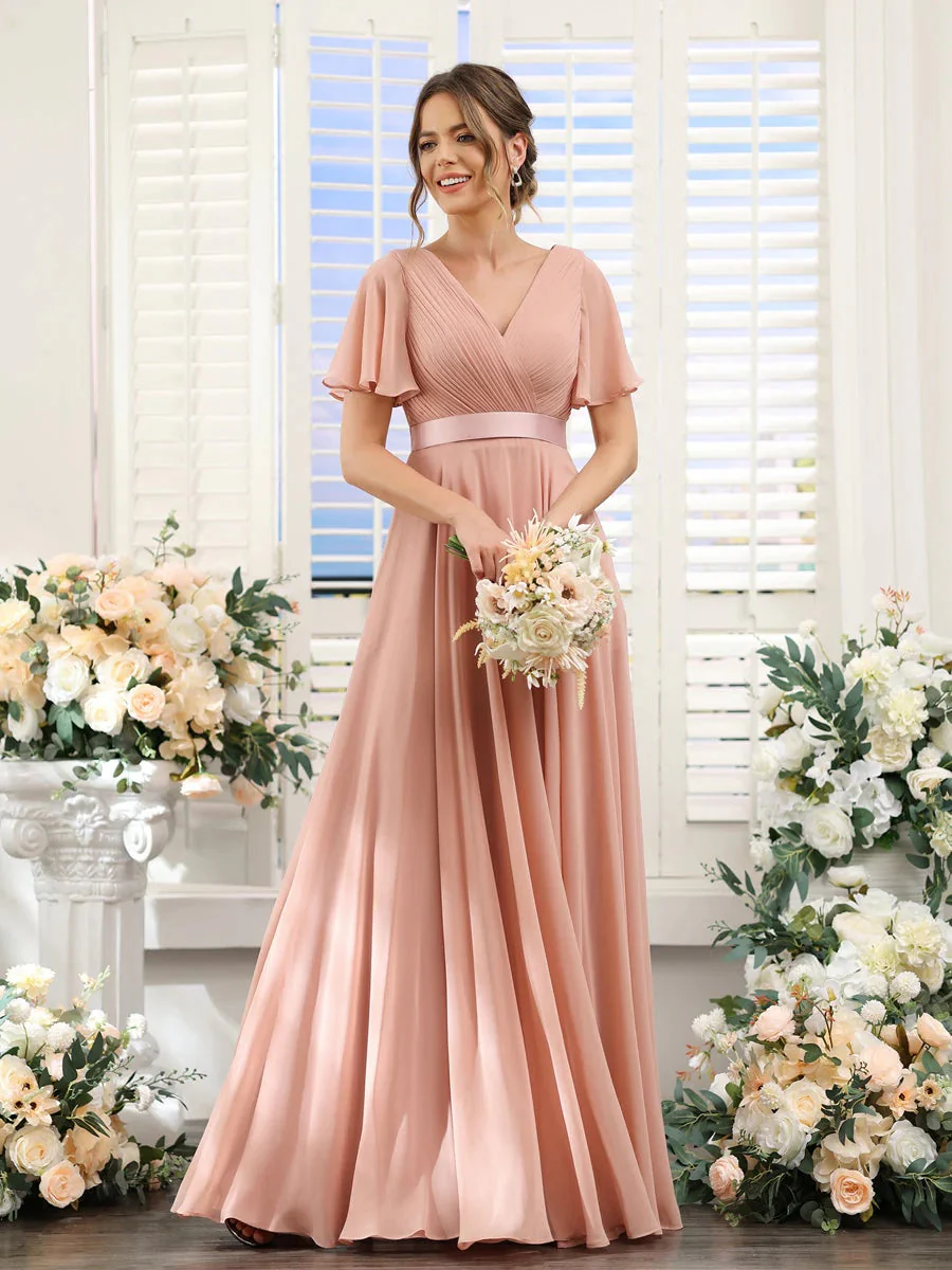 A-Line/Princess V-Neck Short Sleeves Chiffon Bridesmaid Dresses with Pockets - Image 7
