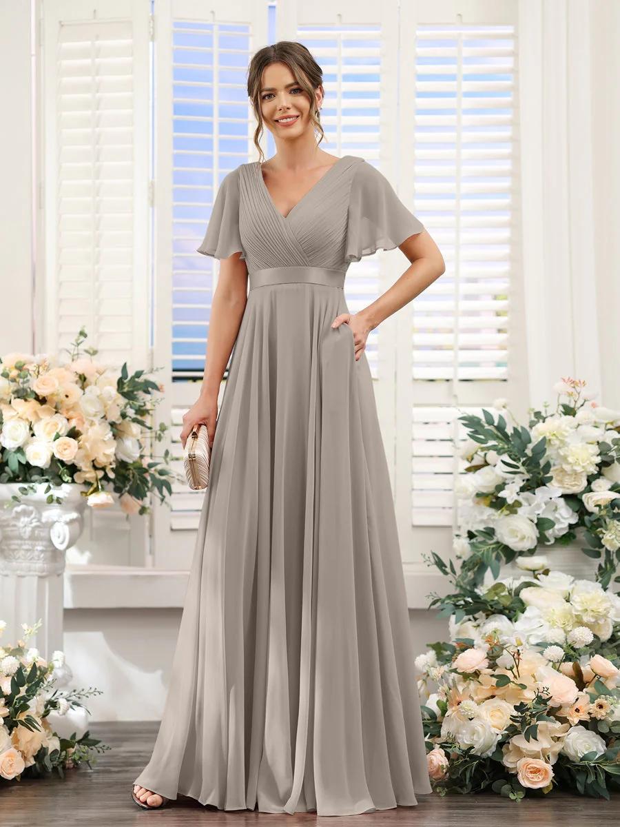 A-Line/Princess V-Neck Short Sleeves Chiffon Bridesmaid Dresses with Pockets - Image 74