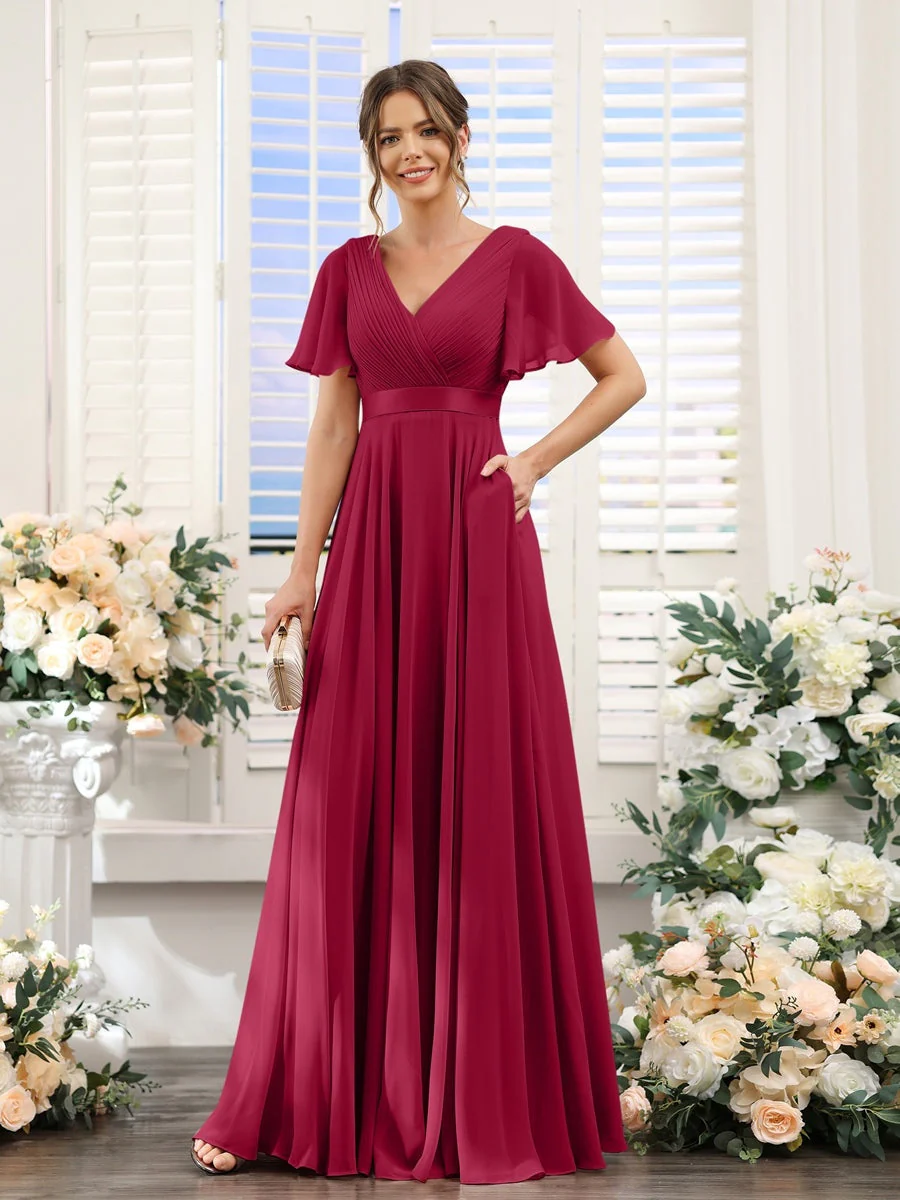 A-Line/Princess V-Neck Short Sleeves Chiffon Bridesmaid Dresses with Pockets - Image 81