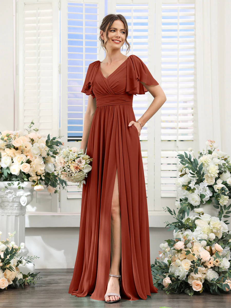 A-Line/Princess V-Neck Short Sleeves Chiffon Bridesmaid Dresses with Split Side & Pockets - Image 14