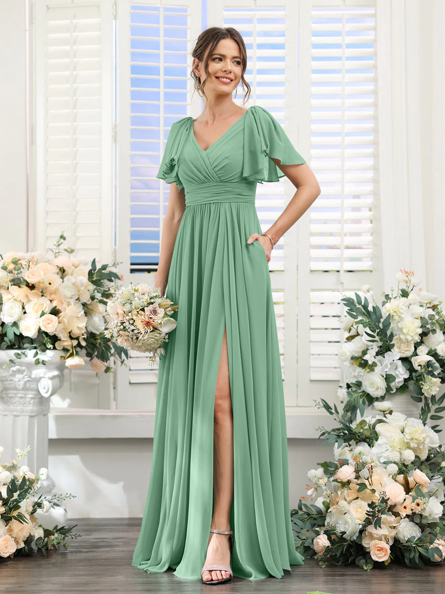 A-Line/Princess V-Neck Short Sleeves Chiffon Bridesmaid Dresses with Split Side & Pockets - Image 18