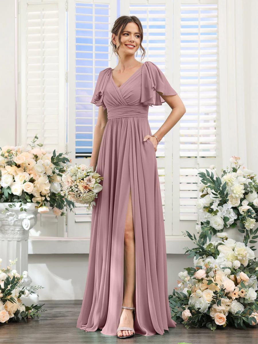 A-Line/Princess V-Neck Short Sleeves Chiffon Bridesmaid Dresses with Split Side & Pockets - Image 32