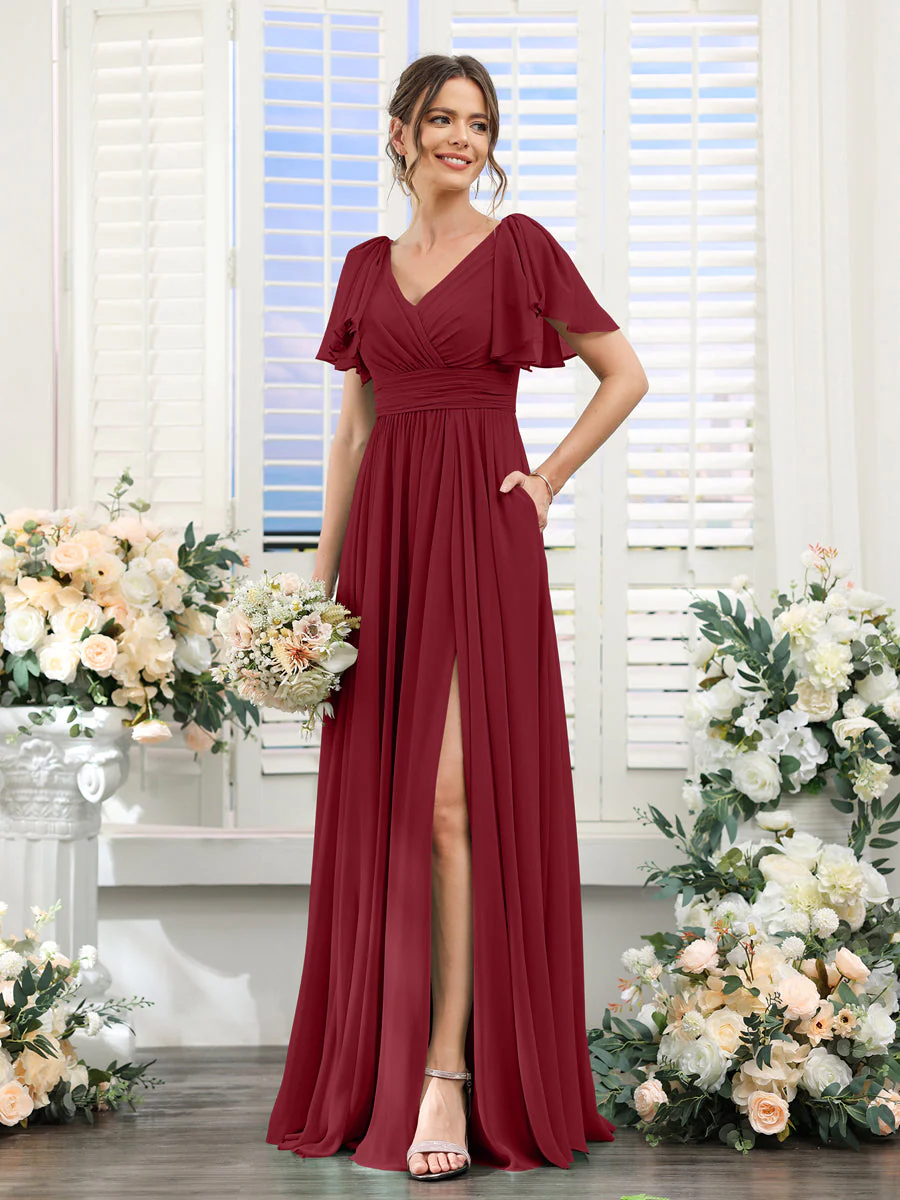 A-Line/Princess V-Neck Short Sleeves Chiffon Bridesmaid Dresses with Split Side & Pockets - Image 38