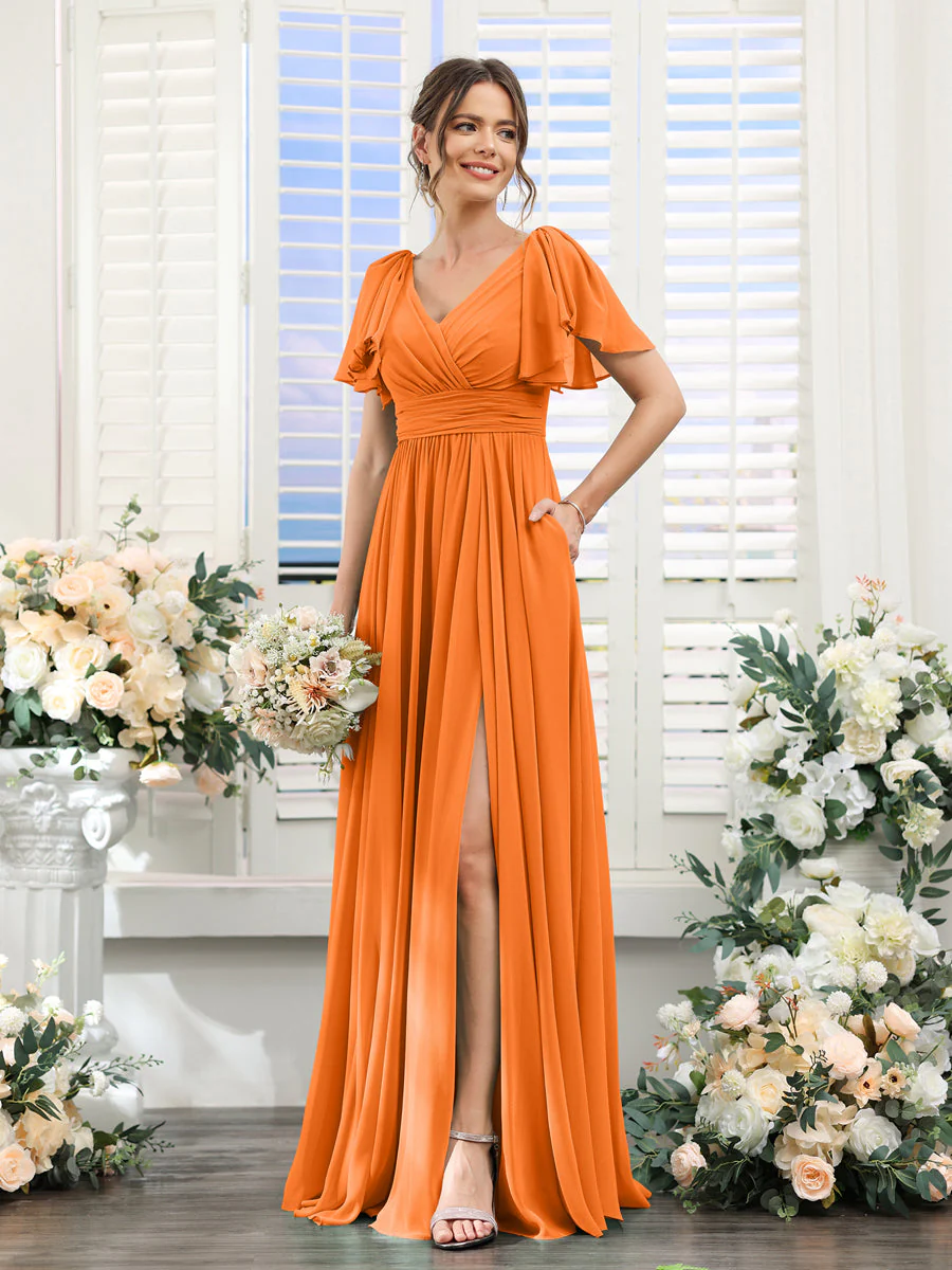 A-Line/Princess V-Neck Short Sleeves Chiffon Bridesmaid Dresses with Split Side & Pockets - Image 73