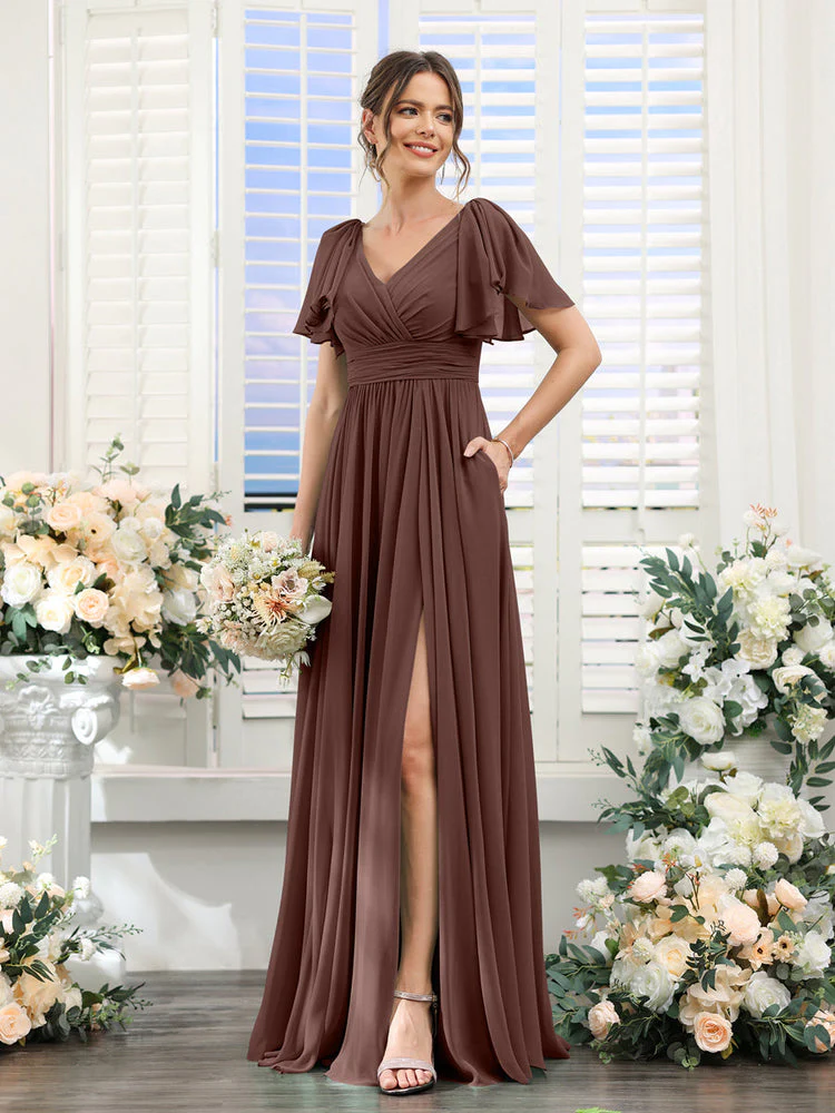 A-Line/Princess V-Neck Short Sleeves Chiffon Bridesmaid Dresses with Split Side & Pockets - Image 77