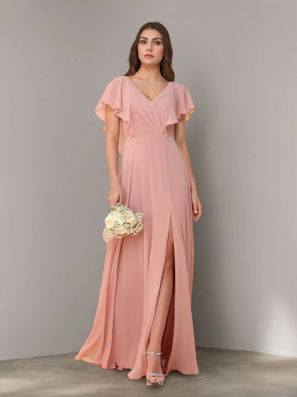 A-Line/Princess V-Neck Short Sleeves Chiffon Floor-Length Bridesmaid Dresses with Split Side & Ruched - Image 2