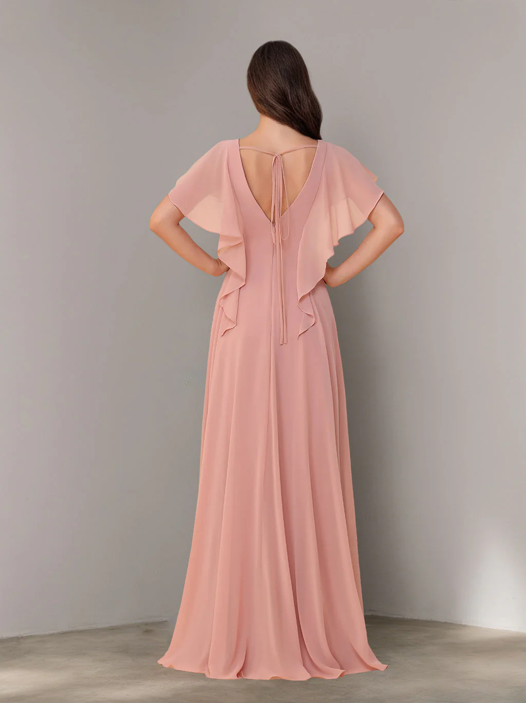 A-Line/Princess V-Neck Short Sleeves Chiffon Floor-Length Bridesmaid Dresses with Split Side & Ruched - Image 3
