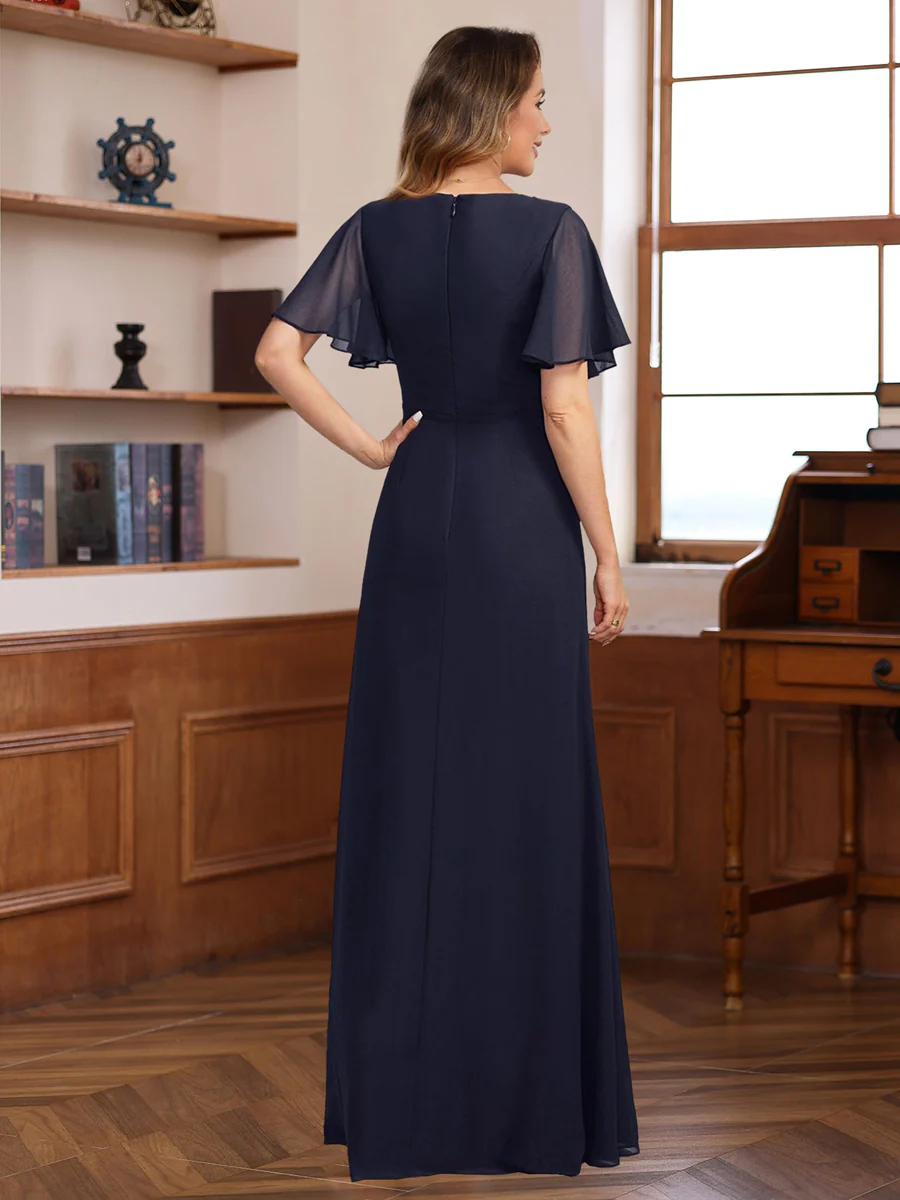 A-Line/Princess V-Neck Short Sleeves Chiffon Mother of the Bride & Groom Dresses with Appliques & Ruffles - Image 2