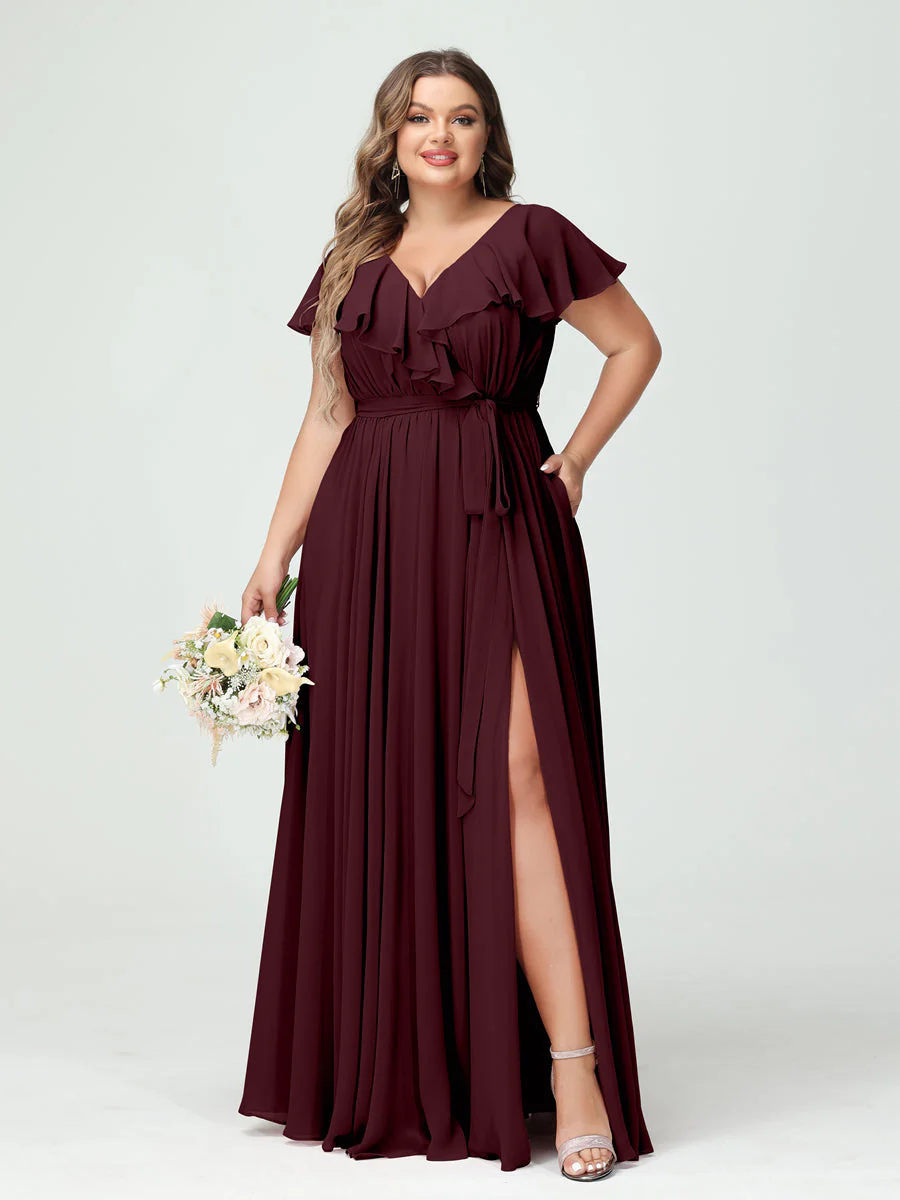 A-Line/Princess V-Neck Short Sleeves Chiffon Plus Size Bridesmaid Dresses With Pockets,Ruffles  ,Ruched & Split Side - Image 13