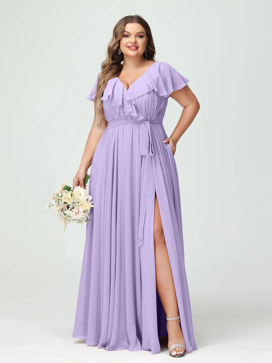 A-Line/Princess V-Neck Short Sleeves Chiffon Plus Size Bridesmaid Dresses With Pockets,Ruffles  ,Ruched & Split Side - Image 15
