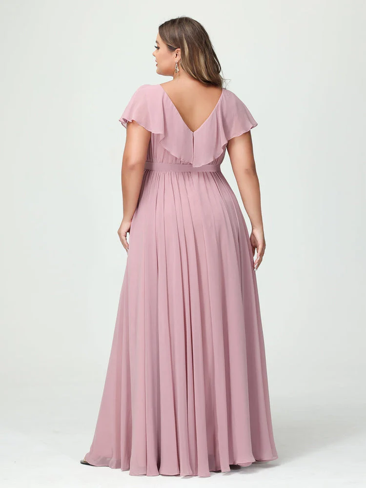 A-Line/Princess V-Neck Short Sleeves Chiffon Plus Size Bridesmaid Dresses With Pockets,Ruffles  ,Ruched & Split Side - Image 3