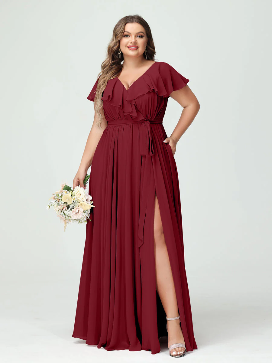 A-Line/Princess V-Neck Short Sleeves Chiffon Plus Size Bridesmaid Dresses With Pockets,Ruffles  ,Ruched & Split Side - Image 38