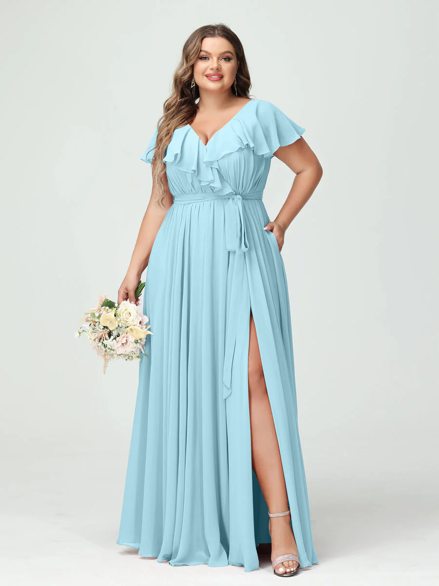 A-Line/Princess V-Neck Short Sleeves Chiffon Plus Size Bridesmaid Dresses With Pockets,Ruffles  ,Ruched & Split Side - Image 50