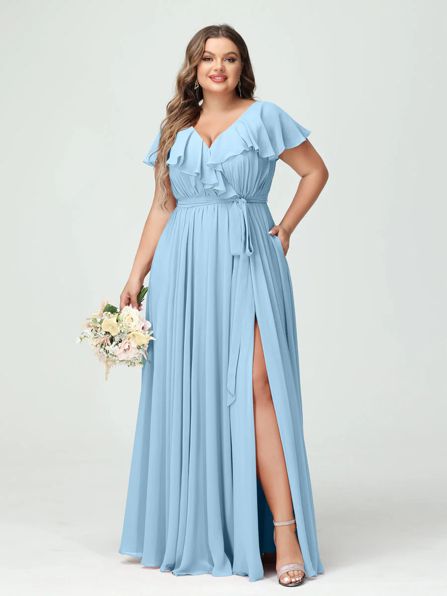 A-Line/Princess V-Neck Short Sleeves Chiffon Plus Size Bridesmaid Dresses With Pockets,Ruffles  ,Ruched & Split Side - Image 51