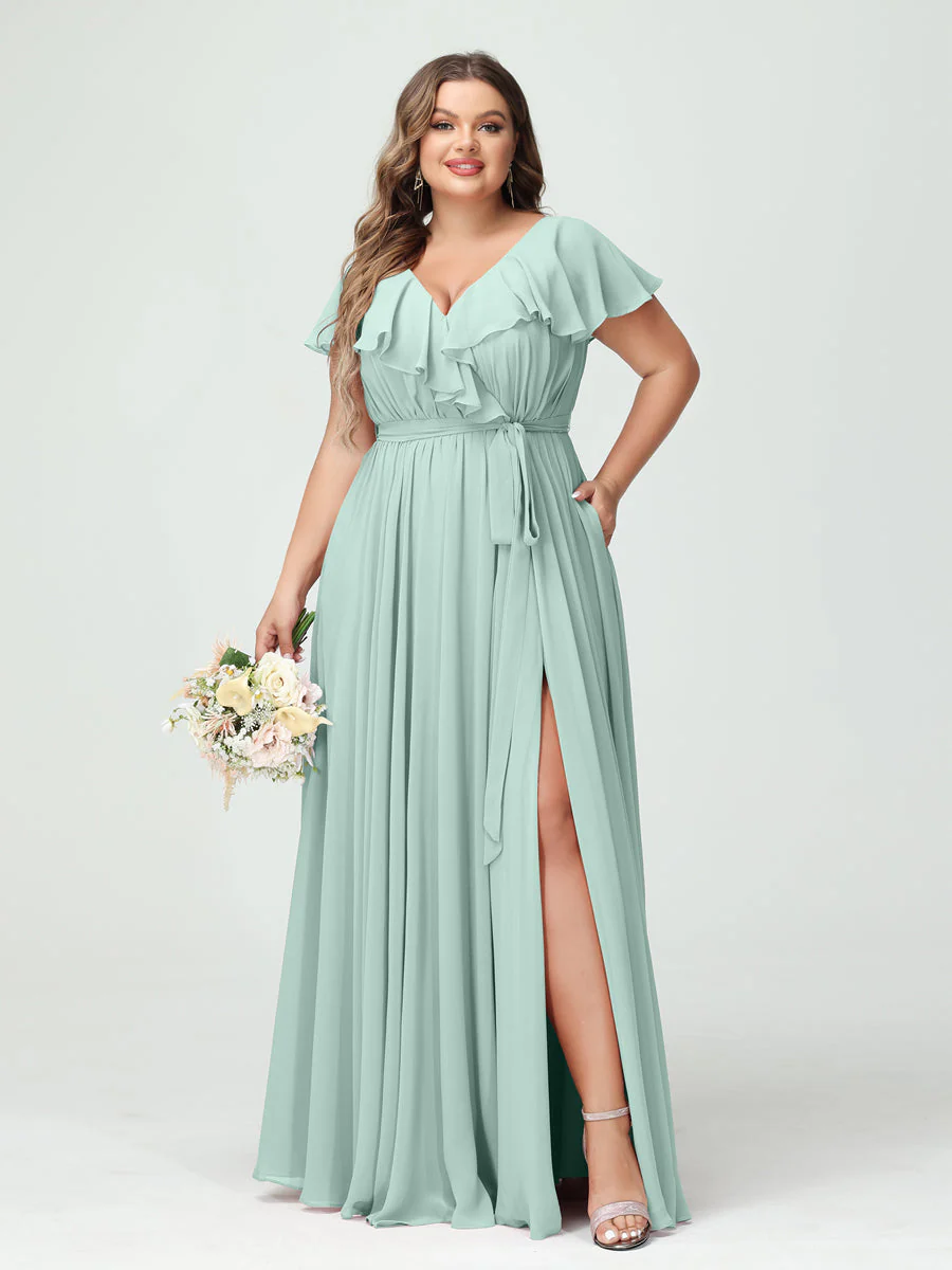 A-Line/Princess V-Neck Short Sleeves Chiffon Plus Size Bridesmaid Dresses With Pockets,Ruffles  ,Ruched & Split Side - Image 61